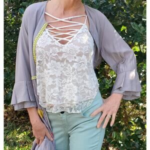 EXPRESS Women's white lace cami tank top Criss Cross neckline sz.S